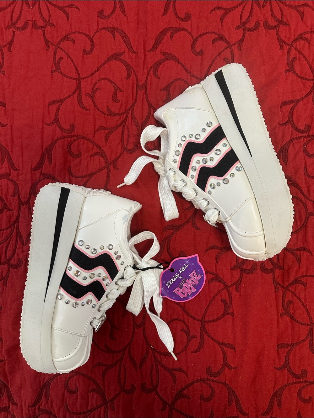 Dolls Kill White Platform Sneakers with Black & Pink Trim